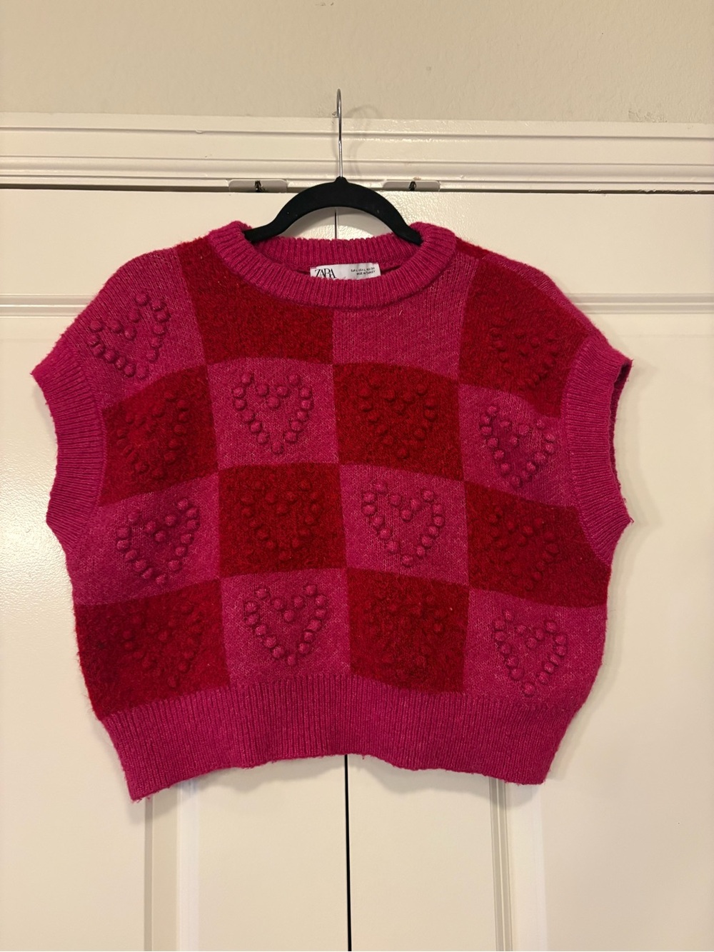 Zara Pink and Red Heart-Block Short Sleeve Sweater Vest
